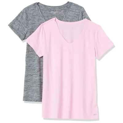 Abbildung von Amazon Essentials Damen Leichtes V Ausschnitt T Shirt Mit Kurzen Ärmeln und Schnelltrocknendem Funktionsstretch (Auch In Plus Size Erhältlich), 2er Pack, Grau Space dye/Hellrosa, XXL