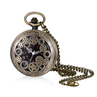 Abbildung von JewelryWe Zahnrad Taschenuhr Herren mit Kette: Bronze Analog Quarz Kettenuhr Vintage Design Uhr Anhänger Halskette Schwarz Römischen Arabischen Ziffern Zifferblatt Geschenk