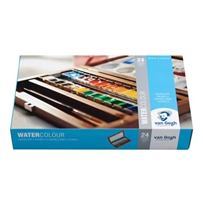 Abbildung von 24 Näpfchen Feine Van Gogh Künstler Aquarellfarben im Holz Aquarellkasten incl. Pinsel und Mischpalette Geschenkset