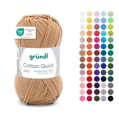 Abbildung von Gründl Wolle Cotton Quick uni dünne zum Häkeln Strickgarn Häkelgarn Glänzend und hautfreundlich 100% Baumwolle 1 Knäuel 50 g / 125 m Nadelstärke 3 4 messing