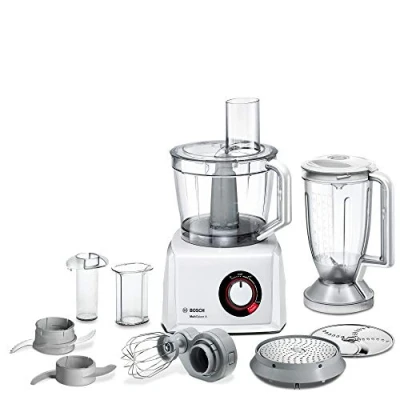 Abbildung von Bosch Kompakt Küchenmaschine MultiTalent 8 MC812W501, XXL Rührschüssel 3,9 L, Mixer 1,5 Universalmesser, Reibscheibe, Schneid Raspel Wendescheibe, Kartoffelpuffer Scheibe, 1000 W, weiß