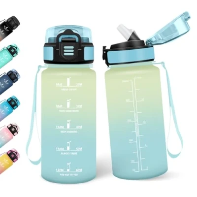 Abbildung von Motswedi Trinkflasche mit Strohhalm, 0.5L BPA Frei, Auslaufsicher, Wasserflasche, Kohlensäure Geeignet, Trinkflaschen, für Yoga, Schule, Outdoors, Beige Hellblau