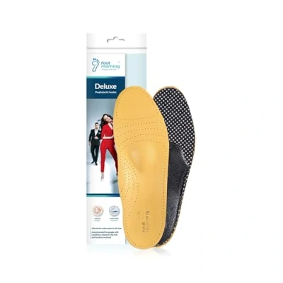 Abbildung von Foot Morning Deluxe Orthopädische Leder Schuheinlagen Hochwertige Fußbett Einlegesohlen mit Fußgewölbe Unterstützung bei Plattfuß, Mittelfuß Beschwerden, Plantarfasziitis (44 EUR Herren)