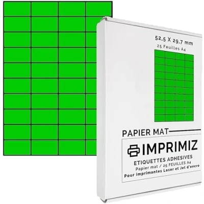 Abbildung von 1000 selbstklebende Etiketten grün neon 52,5 x 29,7 mm 40 Etiketten/Blatt 25 Blatt A4 / Papier matt Farbe Für Inkjet/Laser/Kopier Drucker farbig