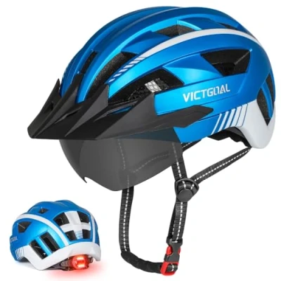 Abbildung von VICTGOAL Fahrradhelm MTB Mountainbike Helm mit magnetischem Visier Abnehmbarer Sonnenschutzkappe und LED Rücklicht Radhelm Rennradhelm für Erwachsenen Herren Damen (M: 54 58cm, Metalblue)