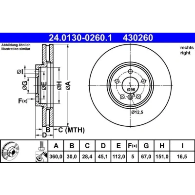 Abbildung von ATE 24.0130 0260.1 Bremsscheibe 360,0 30,0 5 112,0 Belüftet beschichtet hochgekohlt mit Schrauben BMW: X1, 1 Hatchback, X2, MINI: Clubman