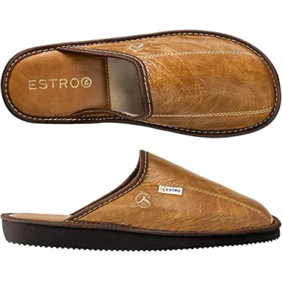 Abbildung von ESTRO Hausschuhe Herren Leder Herrenhausschuhe Hausschuh Männer Pantoffel Pantoffeln Pantoletten Slipper Mann Warm Rust (42 EU, Kamel, 42)