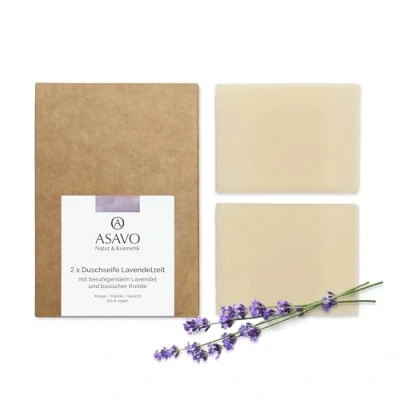 Abbildung von ASAVO Premium Lavendelseife, handgemachte BIO Seife, Naturseife mit Karitébutter &amp; natürlichem Lavendelöl, vegan, 2x95g