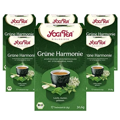 Abbildung von Yogi TEA, Grüne Harmonie, Ayurvedischer Bio Gewürz und Kräutertee, Mischung aus Grünem Tee, Zitronengras, Pfefferminze, Tee 6er Pack, 6x17 Beutel (102 Teebeutel insgesamt), Ideal als Geschenk