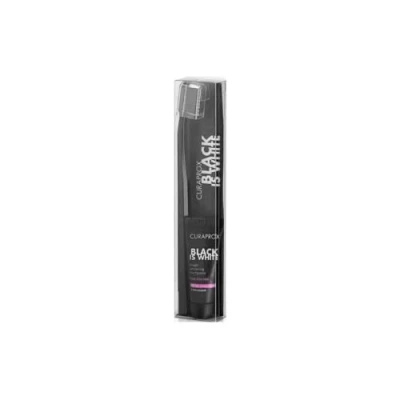 Abbildung von Curaprox Black is White Set für weiße Zähne, Zahnaufhellung mit schwarzer Zahncreme aus Aktivkohle, whitening toothpaste, 1x Zahnbürste und Zahnpasta 10ml