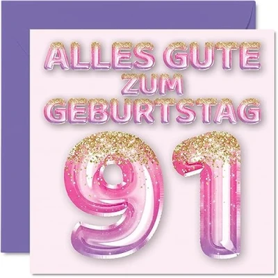 Abbildung von Stuff4 91. Geburtstagskarte für Frauen Rosa Lila Glitzerballons Alles Gute zum Geburtstagskarten 91 Jährige Frau Mama Urgroßmutter Oma, 145mm Einundneunzig Geburtstag Grußkarten