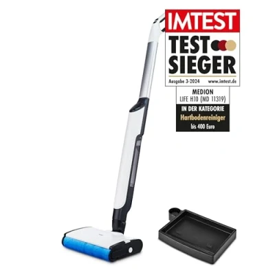 Abbildung von MEDION Life H10 Hartbodenreiniger (kabellos, Akku, Bodenreiniger, Bürstenrolle, getrennter Frischwasser und Schmutzwassertank, Selbstreinigungsfunktion, LED Display, MD11319)