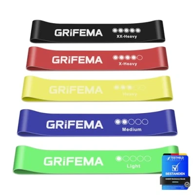 Abbildung von GRIFEMA Fitnessbänder [5er Set], 100% Naturlatex Fitnessband, Resistance Bands mit Übungsanleitung &amp; Tragebeutel, Gymnastikband für Muskelaufbau Pilates Yoga