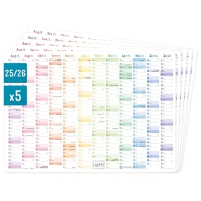 Abbildung von Häfft® 5er Pack Wandkalender Schuljahr 2025/2026 A4 quer Tafelkalender mit Feiertagen, 250g/m² Karton, Schuljahreskalender &quot;Rainbow&quot; nachhaltig &amp; klimafreundlich