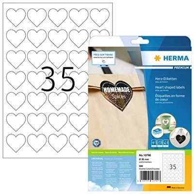 Abbildung von HERMA 10790 Herz Etiketten, 350 Stück, Ø 35 mm, pro A4 Bogen, selbstklebend, bedruckbar, matt, blanko Papier Klebeetiketten Aufkleber in Herzform, weiß