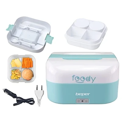 Abbildung von BEPER FOODY Elektrische Lunchbox für Auto, Truck, Office, Schule mit Doppelsteckdose (Auto/Wand) Thermo 4 Trennbaren Innenfächern + Besteck inklusive, Blau