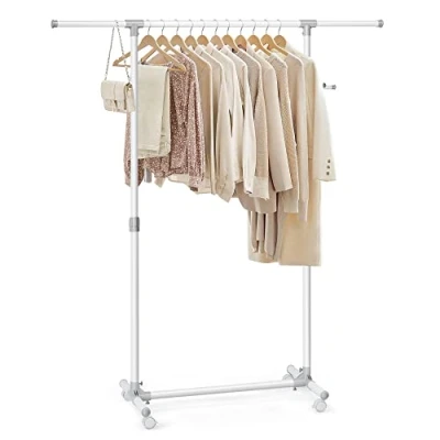 Abbildung von SONGMICS Kleiderständer auf Rollen, Kleiderstange, höhenverstellbar zwischen 97 und 165 cm, ausziehbare Garderobenstange, Garderobenständer, seitliche Haken für Accessoires, weiß LLR001W01