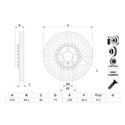 Abbildung von BOSCH 0 986 479 E63 Bremsscheibe 374 36 5 120 Verbundbremsscheibe, Belüftet beschichtet hochgekohlt mit Schrauben BMW: GT, 7