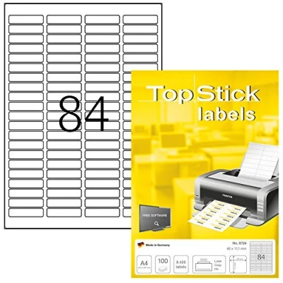Abbildung von TopStick 8724 Universal Etiketten, 100 Blatt, 46 x 11,1 mm, 84 pro A4 Bogen, 8400 Stück, selbstklebend, bedruckbar, matt, blanko Papier Klebeetiketten Aufkleber, weiß