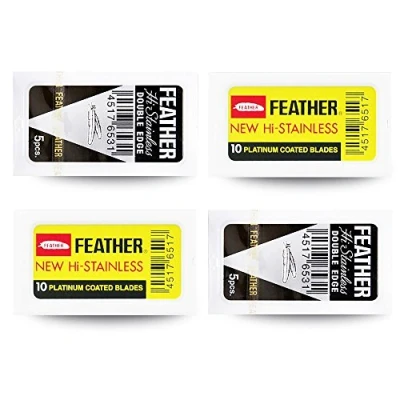 Abbildung von Feather 30 Rasierklingen im Set aus schwarzen Federn und gelben