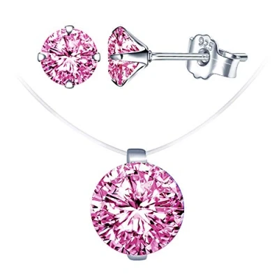 Abbildung von Yumilok Kette Damen Halskette Ohrringe Ohrstecker Schmuck Set mit Rosa Zirkonia aus 928 Sterling Silber für Frauen