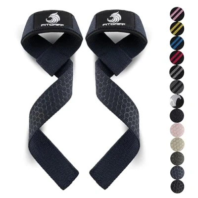 Abbildung von Fitgriff® Zughilfen (gepolstert) für Krafttraining, Bodybuilding, Fitness Kreuzheben Gurte Lifting Straps Frauen und Männer (Navy Blue, Silicone)