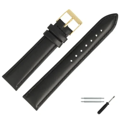 Abbildung von MARBURGER Uhrenarmband 20mm Leder Schwarz Gold Glatt Mit Naht Montage Set 2762010000220