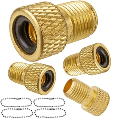 Abbildung von Adapter für Dunlop und Sclaverand Ventil auf Schrader Ventil, 4 Stück, DV + SV AV mit Befestigungskette, Fahrrad Adapter, Radventil, Blitzventil, Presta