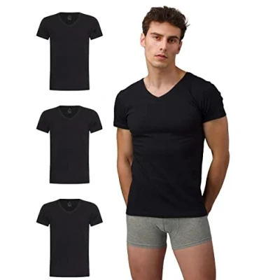 Abbildung von Burnell &amp; Son Herren T Shirt 3er Pack V Ausschnitt Unterhemd Stretch Kurzarm Männer aus Baumwolle Basic Slim Fit Schwarz XXL