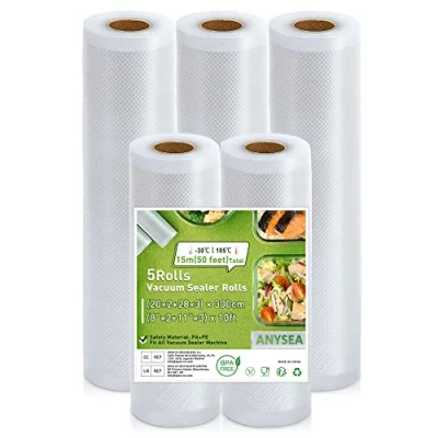Abbildung von Anysea Vakumiererbeutel Vakuumierfolie Vakuumbeutel Lebensmittel Vakumierfolienrollen Einschweissbeutel：Vakuumrollen Folienrollen für Vakuumierer BPA Frei Sous Vide Beutel 5 Rollen 20x2/28x3/x300cm