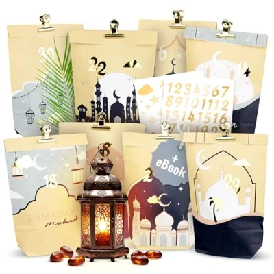 Abbildung von AMARI ® Ramadan Tüten (30 inklusive Sticker &amp; Klammern) Ramadankalender zum Befüllen Kalender Bastelset Tüte