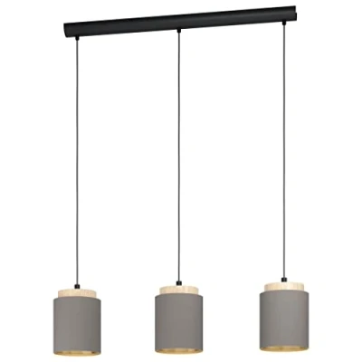 Abbildung von Eglo 99446 Hängeleuchte ALBARIZA Stahl schwarz, Holz braun, Textil cappuccino E27 3X40W L:89,5cm B:16cm H:110cm dimmbar