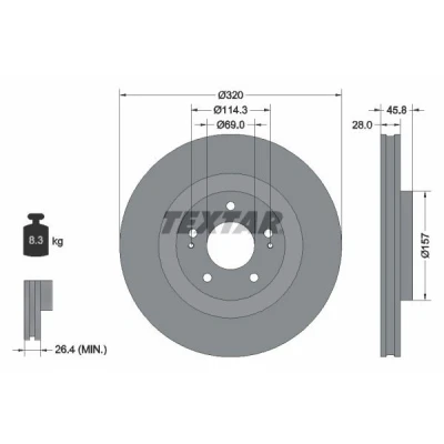 Abbildung von TEXTAR 92306503 Bremsscheibe 320 28 05/07 114,3 innenbelüftet beschichtet ohne Radbefestigungsbolzen, Radnabe MITSUBISHI: OUTLANDER 3