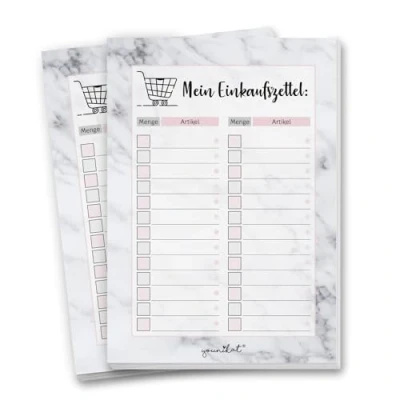 Abbildung von younikat 2 kleine Notizblöcke Mein Einkaufszettel I DIN A6 50 Blatt Einkaufsblöcke Set mit Marmor Optik zum Ankreuzen für die Küche Handtasche Auto dv_379
