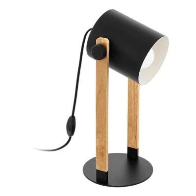 Abbildung von EGLO Tischlampe Hornwood, Vintage Tischleuchte im Industrial Design, Retro Nachttischlampe aus Stahl und Holz, Farbe Schwarz, creme, braun, FSC zertifiziert, Fassung E27, inkl. Schalter