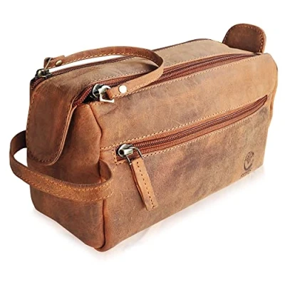 Abbildung von Leder Kulturbeutel für Herren, Reise Kulturbeutel, Rasierset, Toilettenartikel Organizer, Make up Tasche Damen, braun, M, Herren