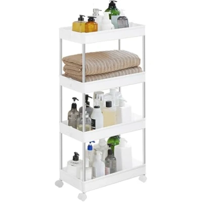 Abbildung von SONGMICS Rollwagen, Küchenwagen mit 4 Ebenen, Küchenregal, Nischenregal, 6 Haken, 360 drehbare Räder, Stahlgestell, Bad, Küche, Büro, weiß KSC10WT