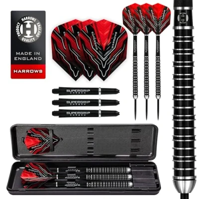 Abbildung von Harrows Supergrip Ultra Darts Set mit 90% Wolframstahlspitze. Erhältlich in 21 g, 22 23 24 25 26 28 g und 30 inklusive Carbonschäfte, Flights Reiseetui 26g
