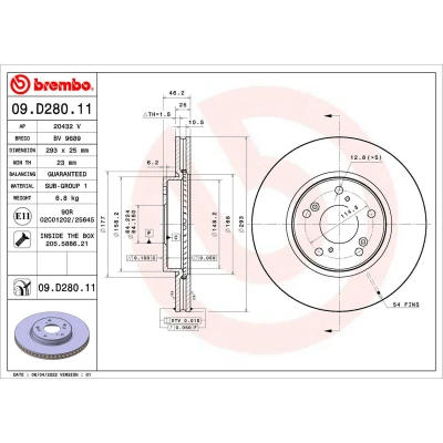 Abbildung von BREMBO 09.D280.11 Bremsscheibe 293 25 5 innenbelüftet beschichtet mit Schrauben