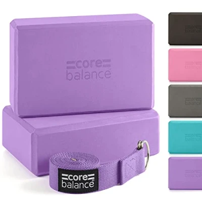 Abbildung von Core Balance Yoga Blocks im Doppelpack &amp; GRATIS Gurt, 2 STK. Eva Schaumstoff Blöcke, robust leicht, Riemen aus Baumwolle mit innovativem D Ring Verschluss, ideal für Pilates, 5 versch. Farben