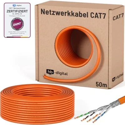 Abbildung von HB DIGITAL 50m CAT.7 Netzwerkkabel LAN Kabel Verlegekabel PiMF AWG23 Reines Kupfer GHMT Zertifiziert Brandklasse: CCA PoE LSZH Halogenfrei RoHS Installationskabel Datenkabel für Modem Orange