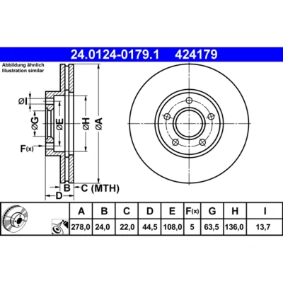 Abbildung von ATE 24.0124 0179.1 Bremsscheibe 278,0 24,0 5 108,0 Belüftet beschichtet FORD: Transit Connect Mk1 Van, Tourneo