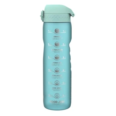 Abbildung von Ion8 1 Liter Trinkflasche mit Zeitmarkierungen, Auslaufsicher, Einhandöffnung, Sichere Verriegelung, Spülmaschinenfest, BPA frei, Tragegriff, Leicht zu Reinigen, Ideale für Fitnessstudio, Blau