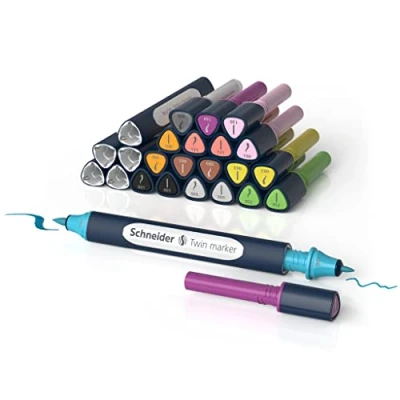 Abbildung von Schneider 040 Paint It Twinmarker Set V2 (Brush Tip &amp; 1,0 mm Rundspitze, farbintensive Tinte auf Wasserbasis, für die Anwendung Papier, Stifte aus 92% recyceltem Kunststoff) 27 Teile, mehrfarbig