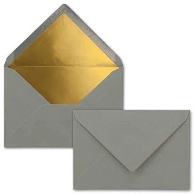 Abbildung von Kuverts Graphit Grau 25 Stück Brief Umschläge DIN C6 114 x 162 mm 11,4 16,2 cm Naßklebung matte Oberfläche &amp; Gold Metallic Fütterung ohne Fenster für Einladungen