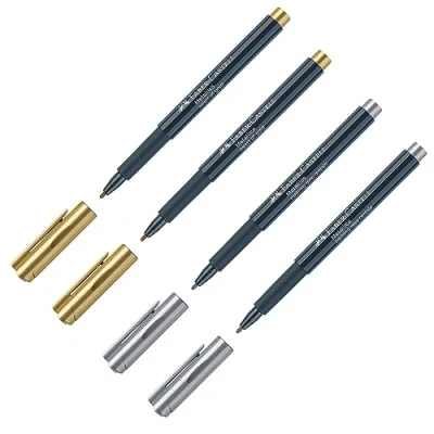 Abbildung von FABER CASTELL 205073 Metallics Marker mit Faserspitze, 4 Stück, für viele Oberflächen geeignet, Metalliceffekt in gold und silber