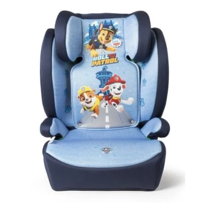 Abbildung von Paw Patrol Kindersitz mit einer Höhe von 100 bis 150 cm Grafiken der süßen kleinen Hunde Chase, Rubble und Marshall auf blauem Hintergrund