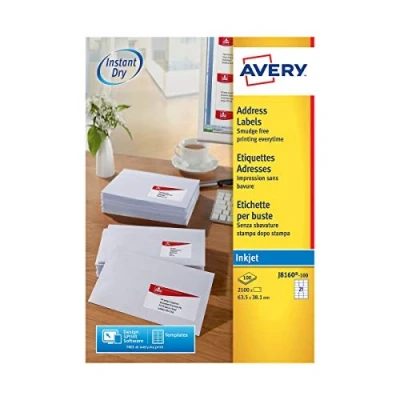 Abbildung von Avery J8160 100 Etiketten für Tintenstrahldrucker Packung mit Blatt weiß