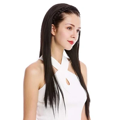 Abbildung von WIG ME UP TYW60875H 3 Halbperücke Haarteil edel geflochtener Haarreif glatt sehr lang 70 cm Dunkelbraun Schwarzbraun