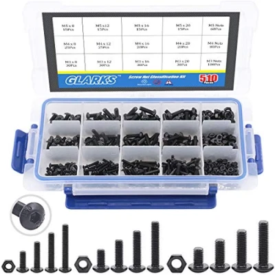 Abbildung von Glarks 510 Stück M3 M4 M5 Zylinderkopfschrauben mit Muttern Sortiment Kit, schwarzes Oxid Finish (Knopfkopf)